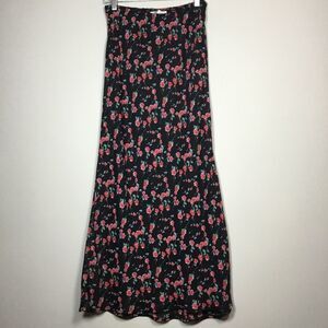 Vintage roses print black maxi skirt floaty elasticated waist size Small